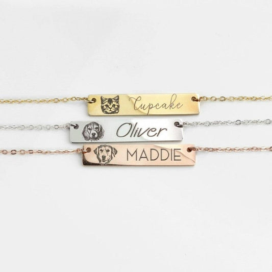 Engraved Pet Portrait Necklace Custom Pet Photo Collarbone Necklace