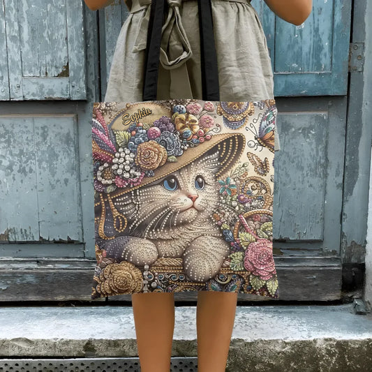Diamond Cat Painting Personalized Name All Over Tote Bag Unique Gift for Cat Lover
