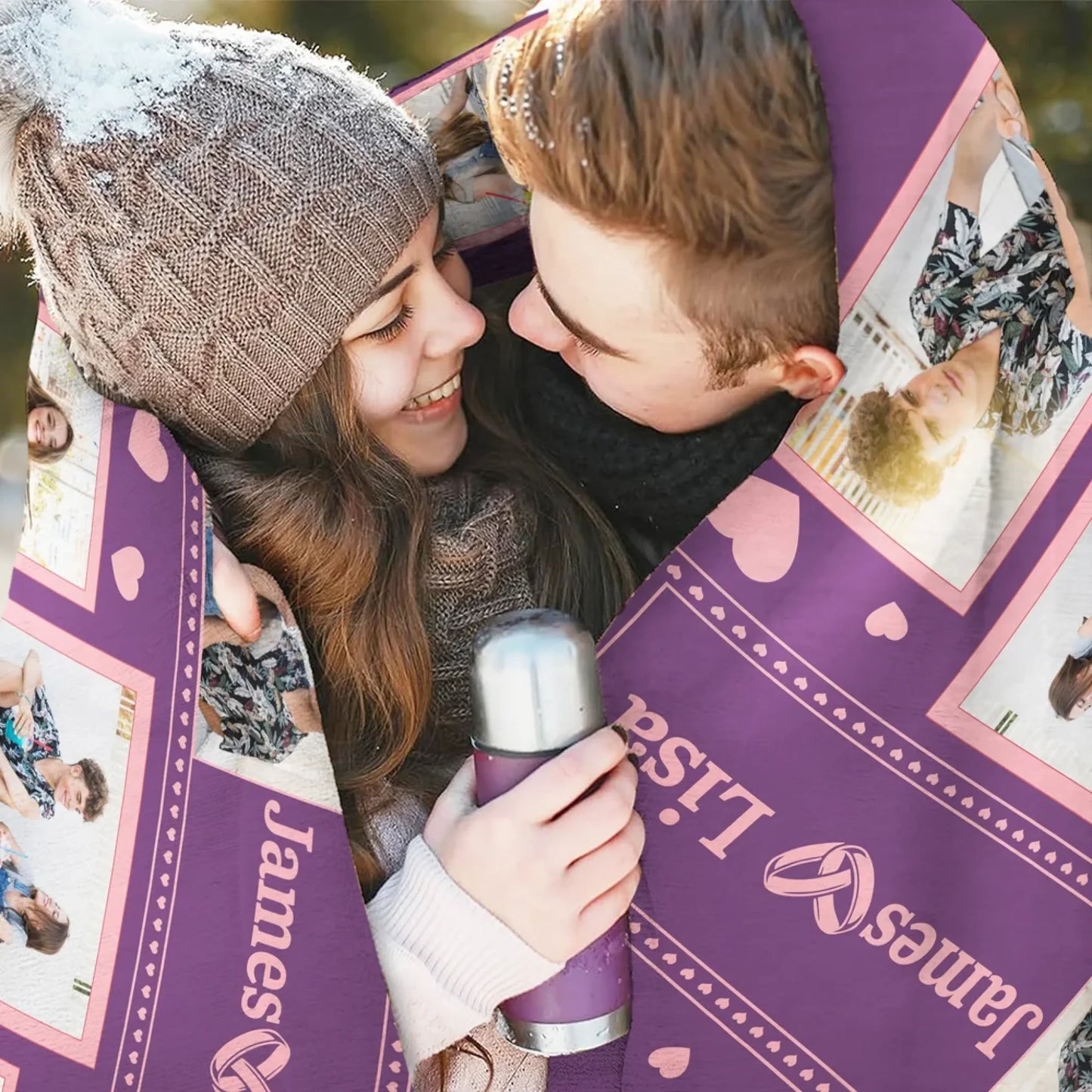 Personalized Love Heart Couple Photos with Pet Soft Throw Blanket Valentine's Day Anniversary Gift for Couple