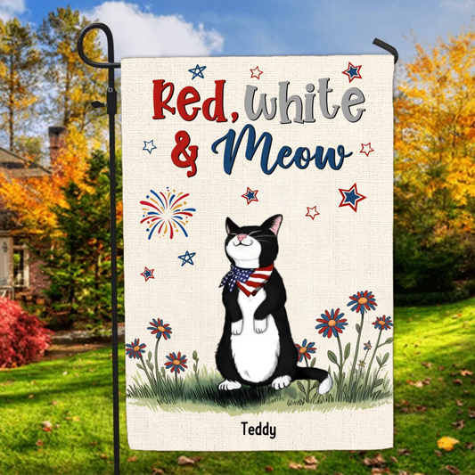 Welcome Red White & Meow Independence Day Decor Personalized Garden Flag