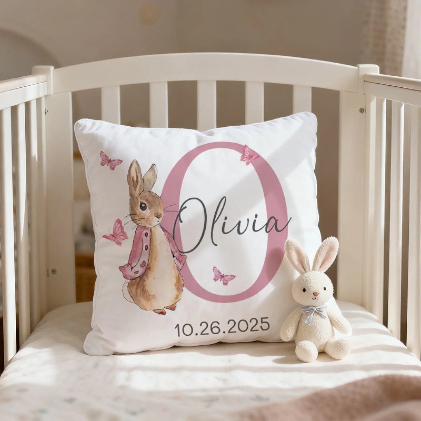 A touching custom baby pillow featuring Peter Rabbi