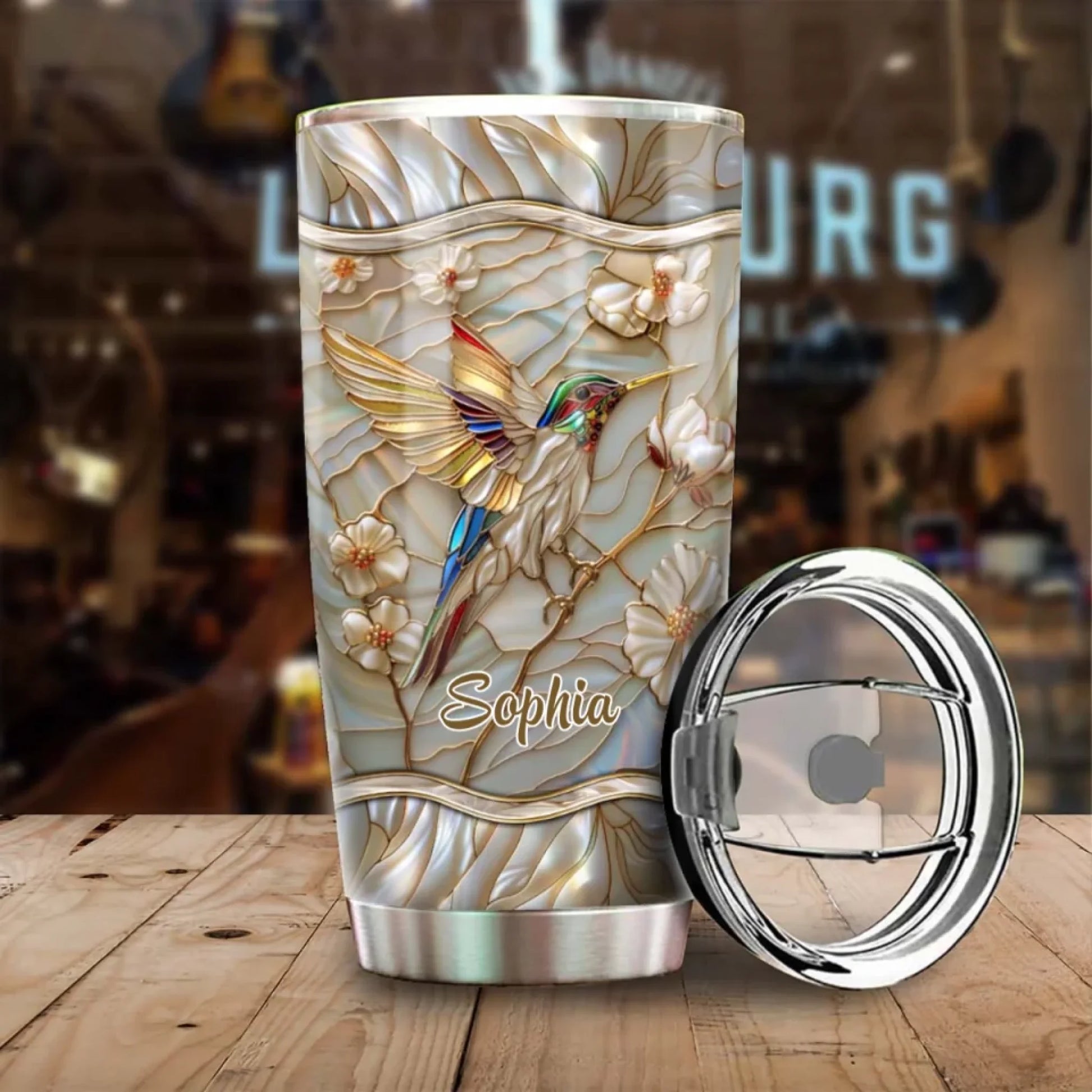 Stained Glass Hummingbird Personalized Name Tumbler (1)