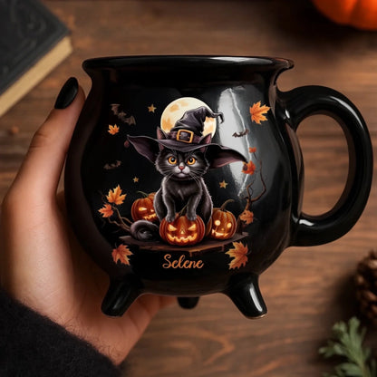 Custom Witch Cat 12oz Ceramic Cauldron Coffee Mug - Personalized Halloween Witchy Gifts
