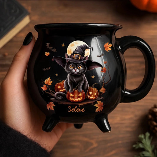 Custom Witch Cat 12oz Ceramic Cauldron Coffee Mug - Personalized Halloween Witchy Gifts
