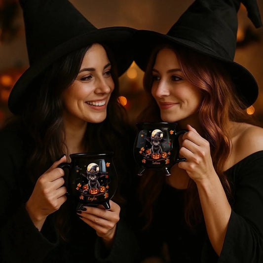 Custom Witch Cat 12oz Ceramic Cauldron Coffee Mug - Personalized Halloween Witchy Gifts