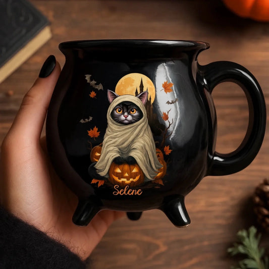 Custom Witch Cat 12oz Ceramic Cauldron Coffee Mug - Personalized Halloween Witchy Gifts