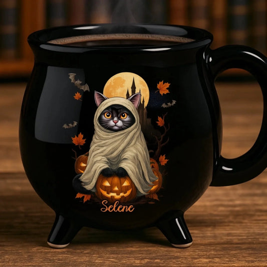 Custom Witch Cat 12oz Ceramic Cauldron Coffee Mug - Personalized Halloween Witchy Gifts