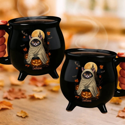 Custom Cat 12oz Ceramic Cauldron Coffee Mug - Personalized Halloween Witchy Gifts