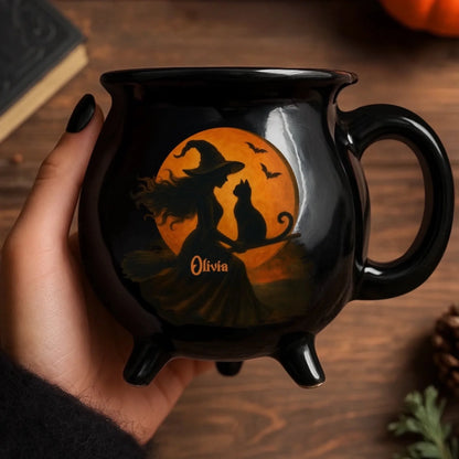 Custom Witch Cat 12oz Ceramic Cauldron Coffee Mug - Personalized Halloween Witchy Gifts