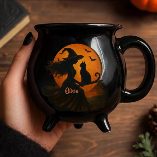 Custom Witch Cat 12oz Ceramic Cauldron Coffee Mug - Personalized Halloween Witchy Gifts