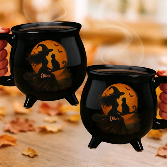 Custom Witch Cat 12oz Ceramic Cauldron Coffee Mug - Personalized Halloween Witchy Gifts