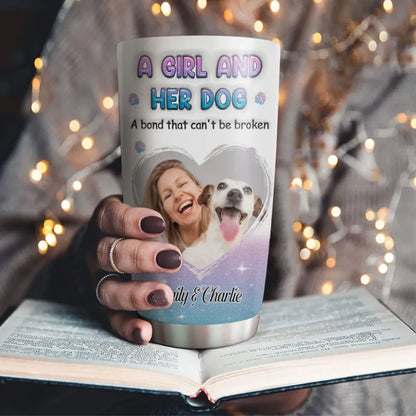 A Girl and Her Dog Blue Glitter custom Dog Photo tumbler
