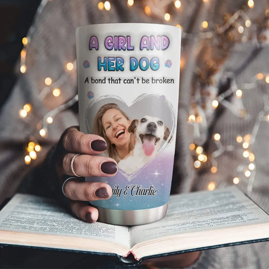 A Girl and Her Dog Blue Glitter custom Dog Photo tumbler