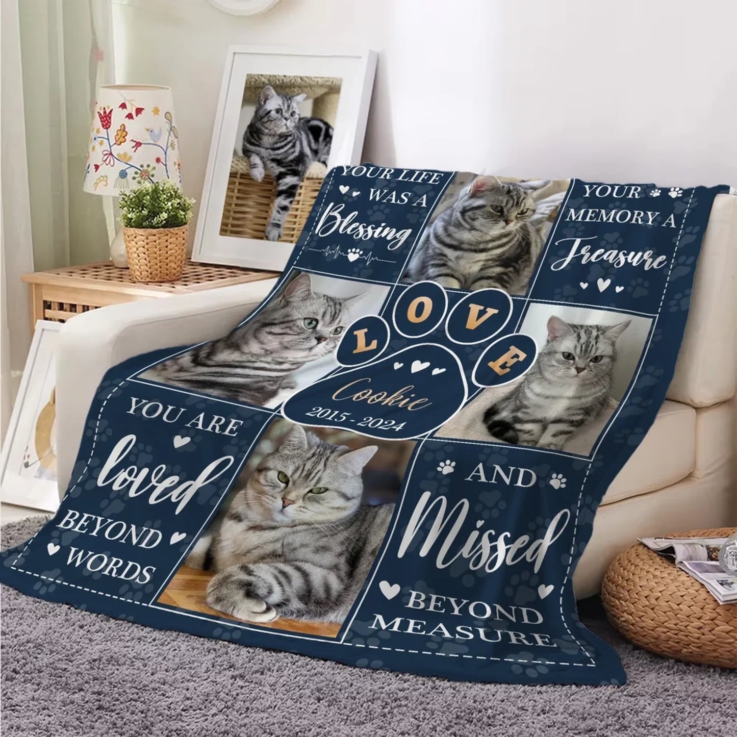 Personalized 4 Pet Photos Love Paw Soft Throw Blanket with Name