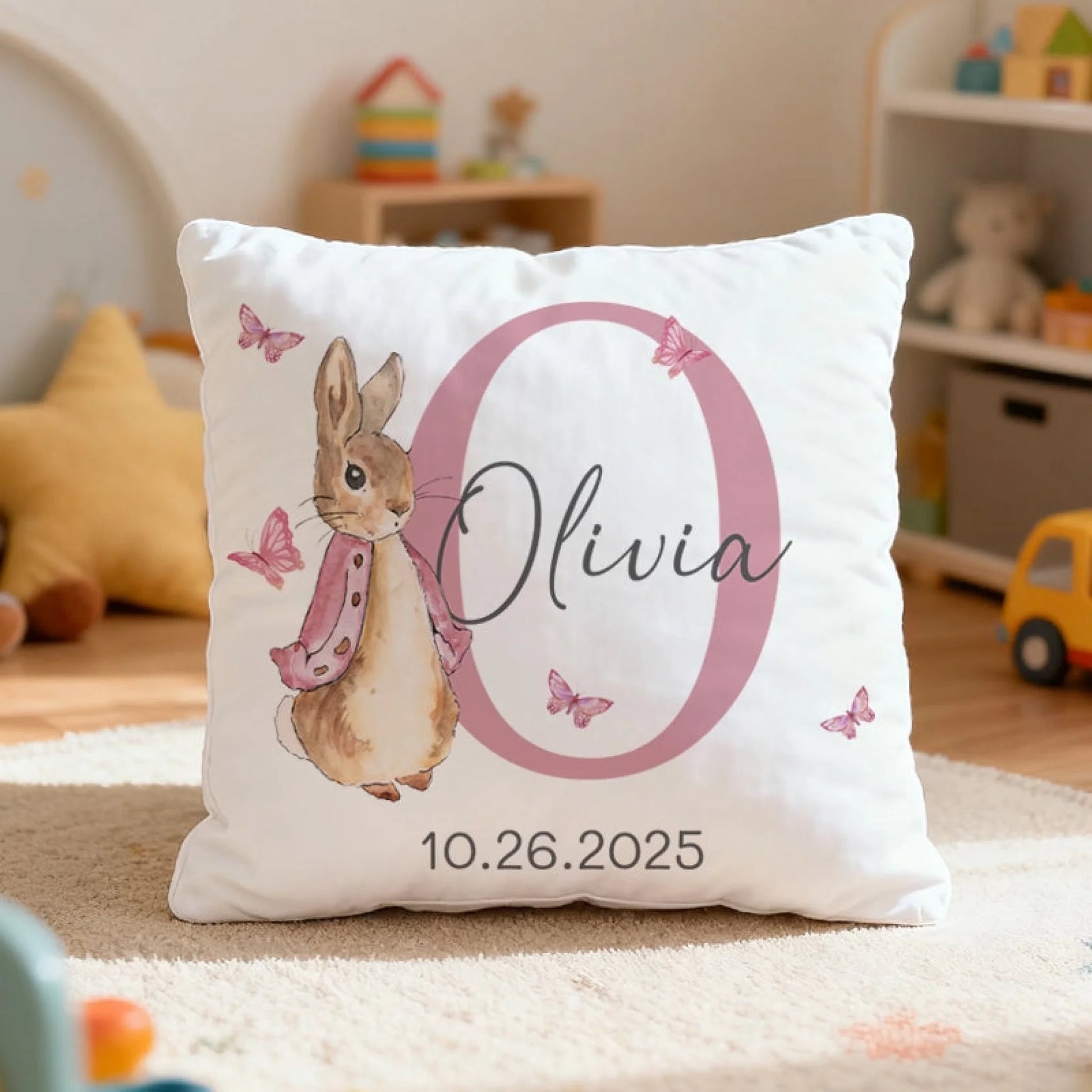 Customizable baby pillow with beloved Peter Rabbit