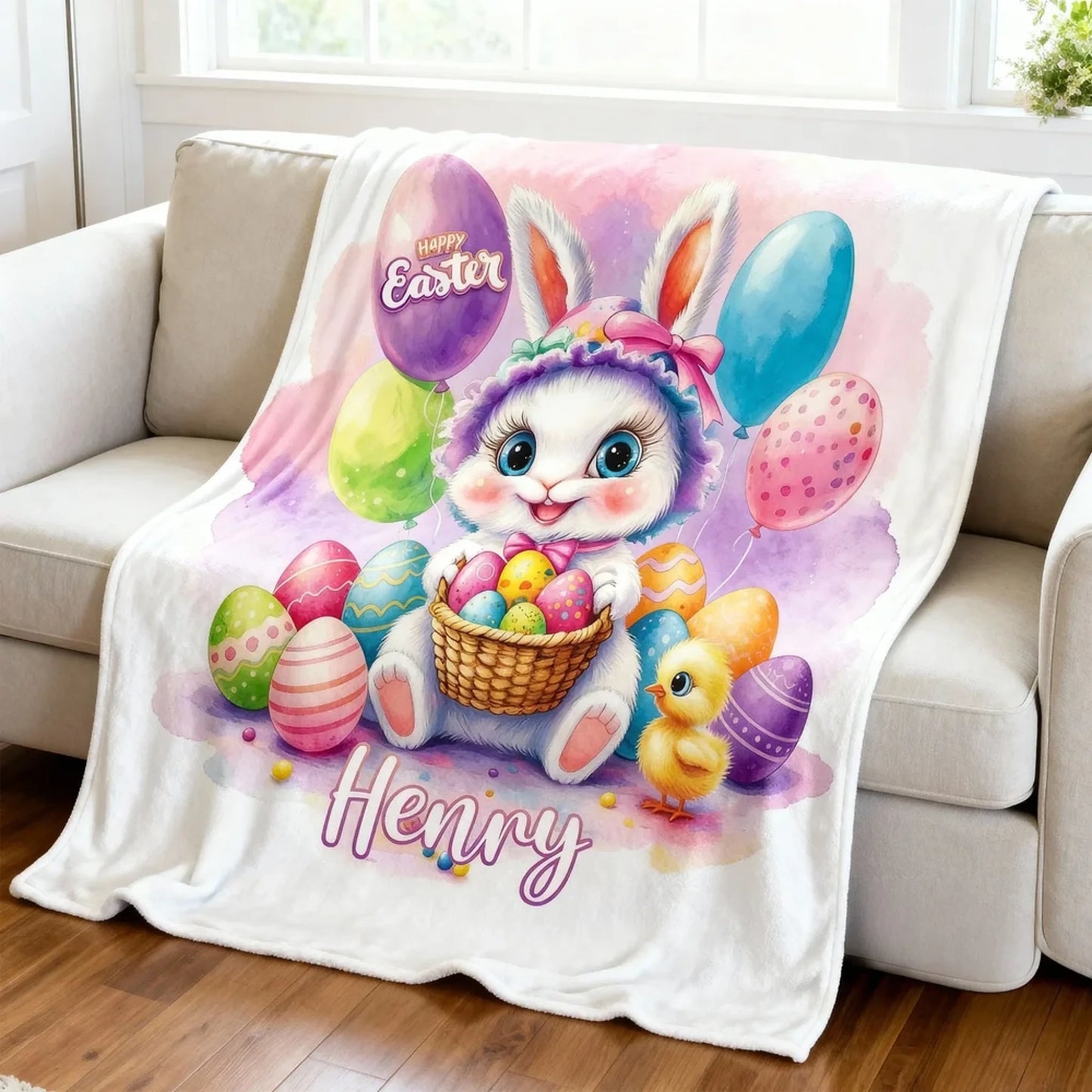 Personalized Happy Easter Cute Bunny Chick Balloon Soft Throw Blanket Home Decor Easter Gift