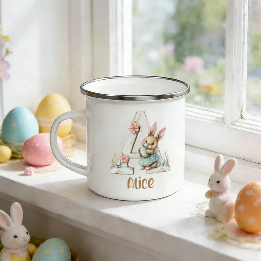 Personalized Cute Easter Egg Bunny Flower Enamel Mug with Initial and Name Easter Party Gift